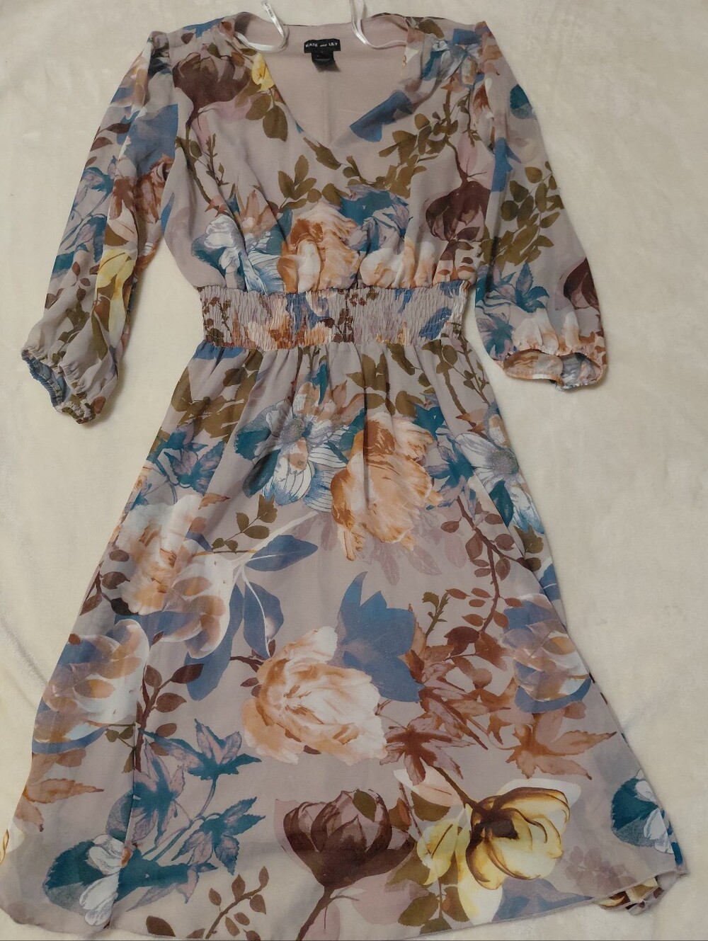 Kate and Lily Floral Chiffon Smocked Waist Midi Dress Size 8